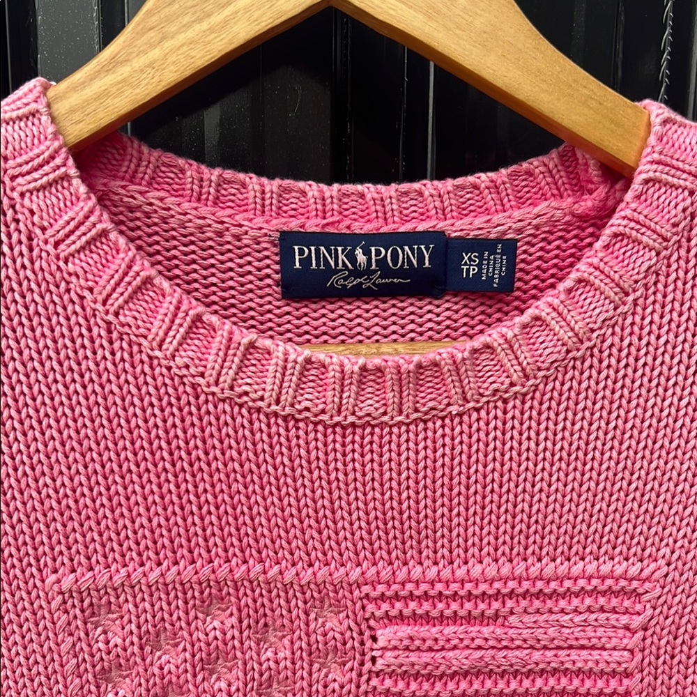 RALPH LAUREN Heritage American Flag 100% Cotton Chunky Knit Spell Sweater Pink - Picture 10 of 16